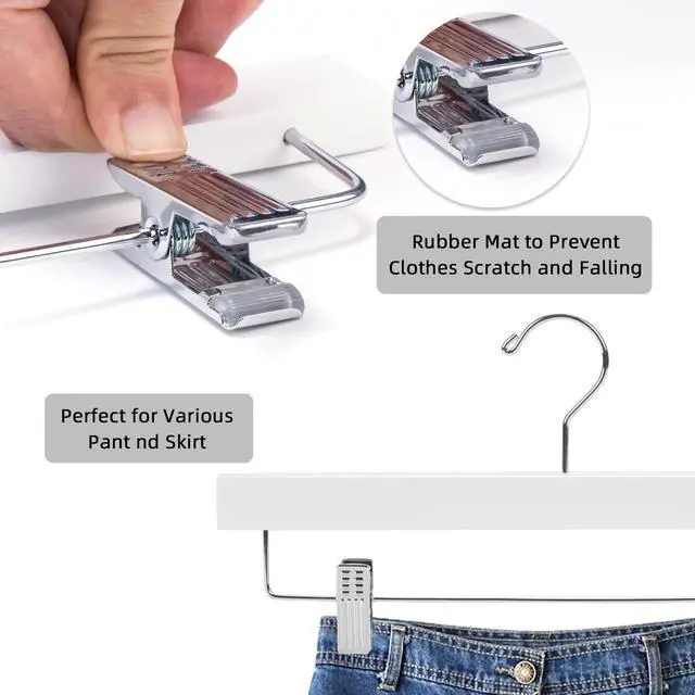 Alt view image 3 of 7 - Deluxe Wooden Pants Hangers Solid Wood Bottom Jeans Hanger Skirt Hanger with 2-Adjustable Clips Pack of 20 (White)