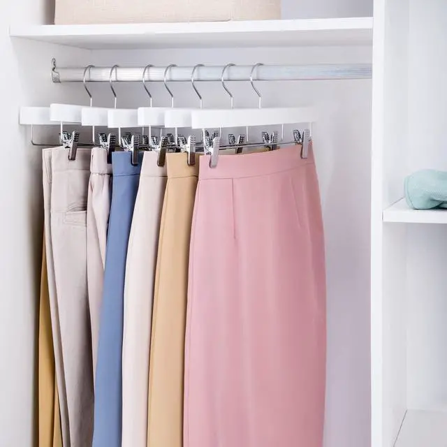 Alt view image 7 of 7 - Deluxe Wooden Pants Hangers Solid Wood Bottom Jeans Hanger Skirt Hanger with 2-Adjustable Clips Pack of 20 (White)