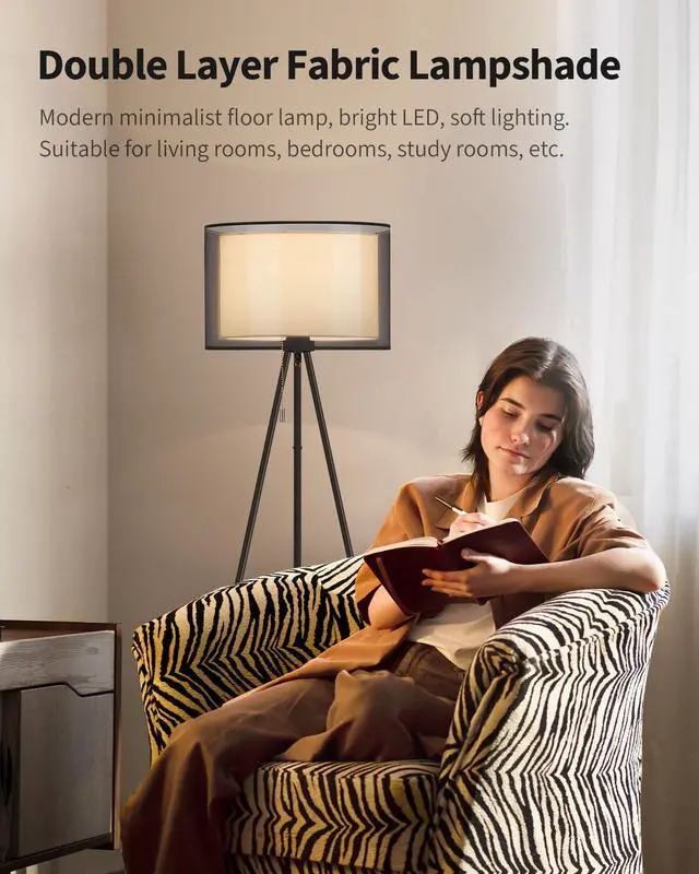 Alt view image 3 of 7 - Modern Floor Lamp - Tall Tripod Lamp for Living Room, Bedroom, Office; Fabric Shade, LED Bulb, Warm Light (Black)