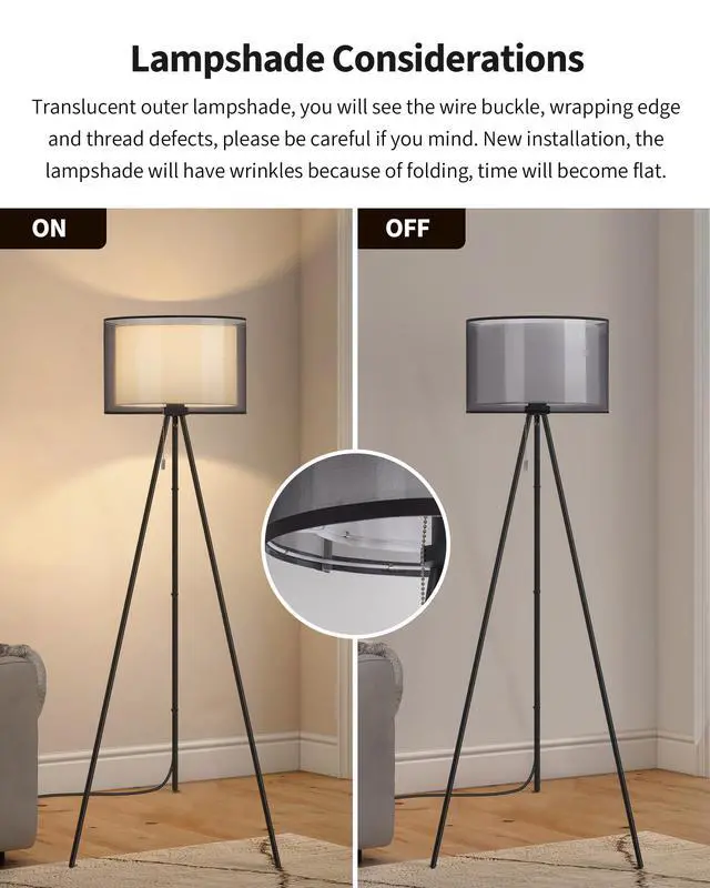 Alt view image 4 of 7 - Modern Floor Lamp - Tall Tripod Lamp for Living Room, Bedroom, Office; Fabric Shade, LED Bulb, Warm Light (Black)