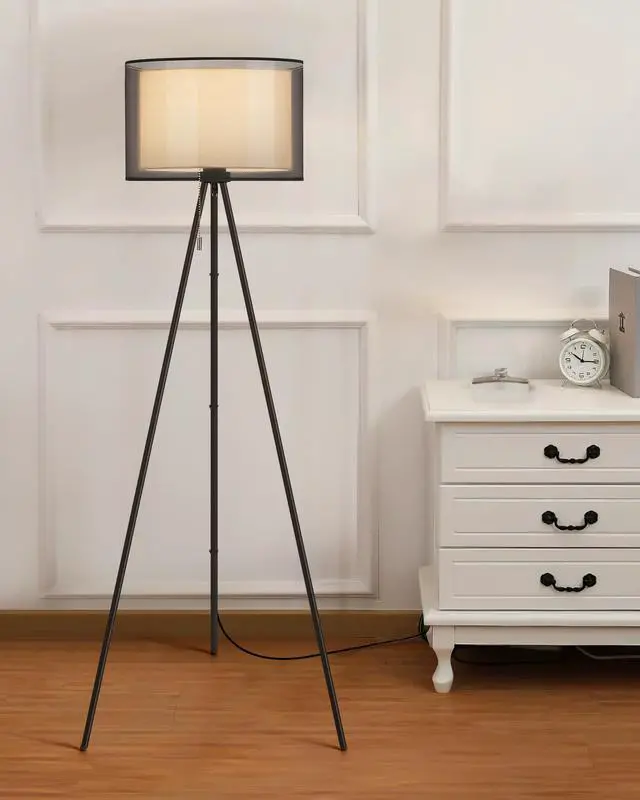 Alt view image 2 of 7 - Modern Floor Lamp - Tall Tripod Lamp for Living Room, Bedroom, Office; Fabric Shade, LED Bulb, Warm Light (Black)