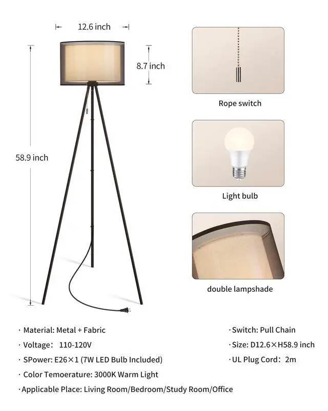 Alt view image 5 of 7 - Modern Floor Lamp - Tall Tripod Lamp for Living Room, Bedroom, Office; Fabric Shade, LED Bulb, Warm Light (Black)