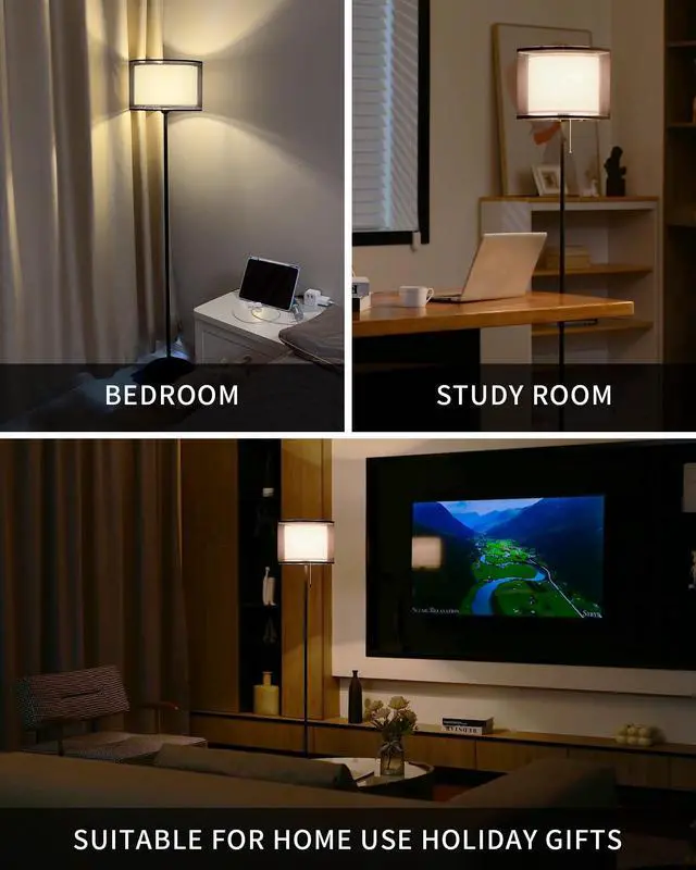 Alt view image 6 of 7 - Modern Floor Lamp - Tall Tripod Lamp for Living Room, Bedroom, Office; Fabric Shade, LED Bulb, Warm Light (Black)