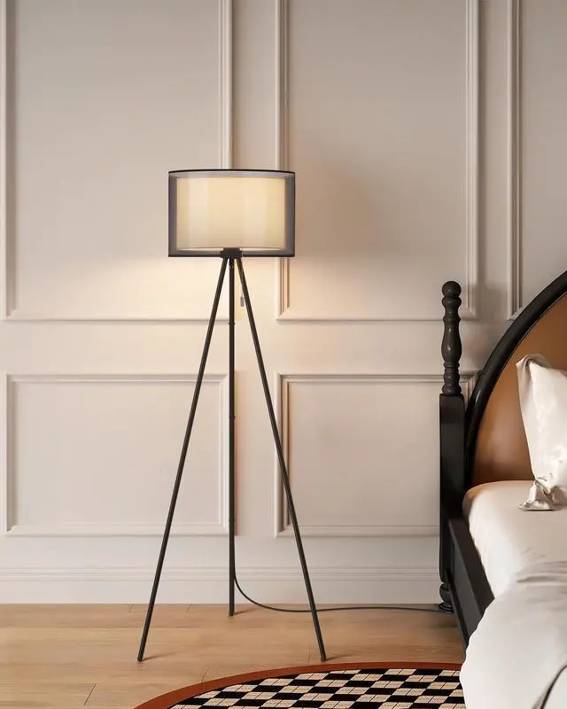 Alt view image 7 of 7 - Modern Floor Lamp - Tall Tripod Lamp for Living Room, Bedroom, Office; Fabric Shade, LED Bulb, Warm Light (Black)