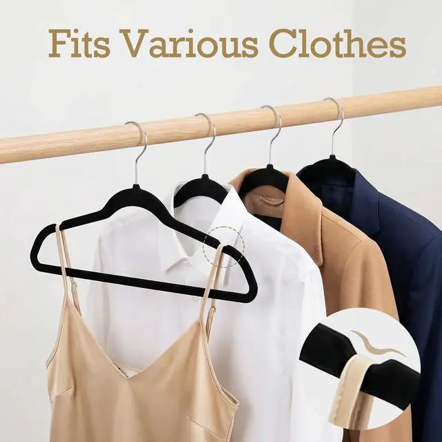 Alt view image 4 of 7 - Black Velvet Hangers 60 Pack, Non Slip Clothes Felt Hanger Heavy Duty for Coat, Premium Slim Space Saving Suit Hangers for Closet Organizer, 360° Rotating Silver Hook