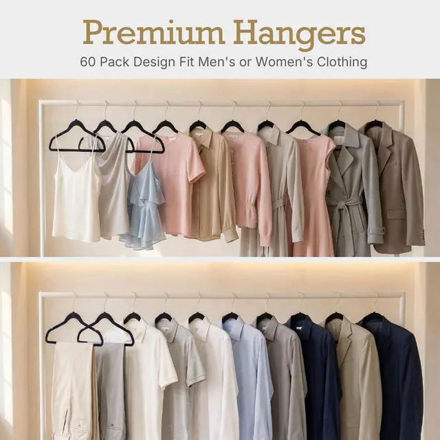 Alt view image 7 of 7 - Black Velvet Hangers 60 Pack, Non Slip Clothes Felt Hanger Heavy Duty for Coat, Premium Slim Space Saving Suit Hangers for Closet Organizer, 360° Rotating Silver Hook