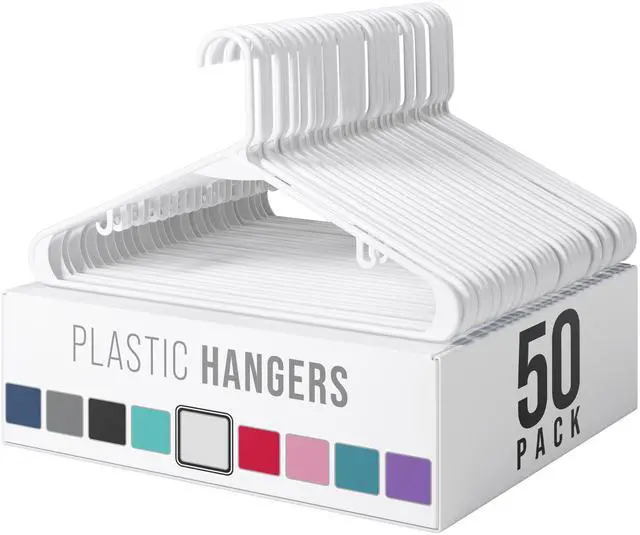 Main image of Plastic Hangers 50 Pack White - Clothes Hangers - Makes The Perfect Coat Hanger and General Space Saving Hangers for Closet and New Apartment Essentials - Percheros Ganchos para Colgar Ropa Hangars
