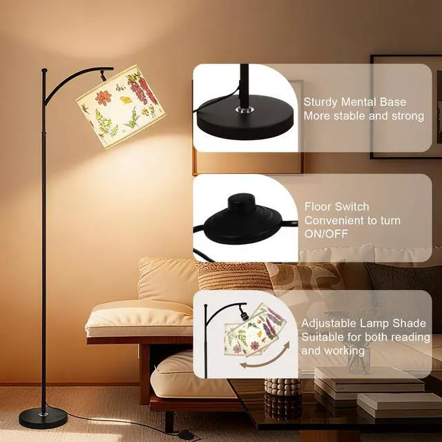 Alt view image 4 of 7 - 61Dried Flowers Floor Lamp with 9W 3 Color Temperatures LED Bulb, Tall Standing Lamp with Adjustable Floral Lampshade for Living Room,Bedroom,Office