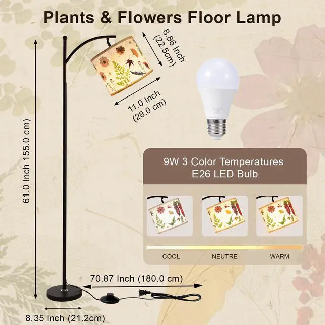 Alt view image 6 of 7 - 61Dried Flowers Floor Lamp with 9W 3 Color Temperatures LED Bulb, Tall Standing Lamp with Adjustable Floral Lampshade for Living Room,Bedroom,Office