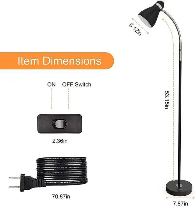 Alt view image 7 of 7 - Floor Lamp, Metal Standing Lamp with Adjustable Gooseneck, Heavy Metal Base, Reading Pole Lamp for Office, Black Floor Lamps for Bedroom, Living Room