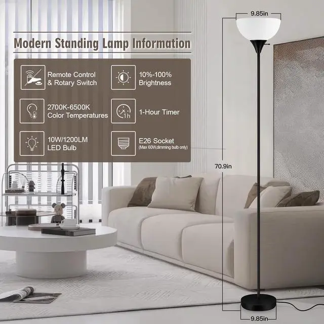 Alt view image 3 of 7 - Floor Lamps for Living Room, 71'' Torchiere Floor Lamps with Remote, 2700K-6500K Colors Temperature & Brightness Adjustable, 10W/1200LM Bright Dimmable Floor Lamp,Tall Standing Lamp for Bedroom/Office