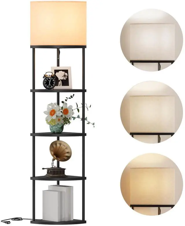 Main image of Floor Lamp with Shelves, 61.5 Tall Modern 5 Tier Corner Shelf Lamp with 3 Color Temperature Bulb, Storage Home Decor Organizer Shelves for Bedroom Living Room, Black