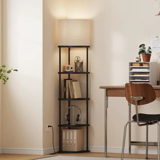Alt view image 2 of 6 - Floor Lamp with Shelves, 61.5 Tall Modern 5 Tier Corner Shelf Lamp with 3 Color Temperature Bulb, Storage Home Decor Organizer Shelves for Bedroom Living Room, Black