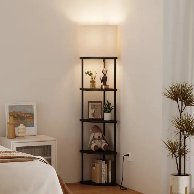 Alt view image 3 of 6 - Floor Lamp with Shelves, 61.5 Tall Modern 5 Tier Corner Shelf Lamp with 3 Color Temperature Bulb, Storage Home Decor Organizer Shelves for Bedroom Living Room, Black