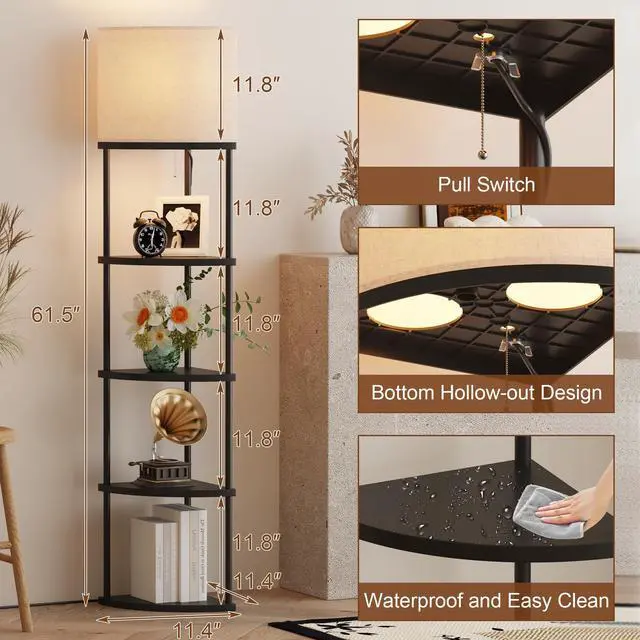 Alt view image 4 of 6 - Floor Lamp with Shelves, 61.5 Tall Modern 5 Tier Corner Shelf Lamp with 3 Color Temperature Bulb, Storage Home Decor Organizer Shelves for Bedroom Living Room, Black
