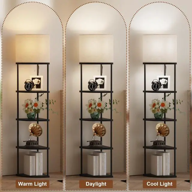 Alt view image 5 of 6 - Floor Lamp with Shelves, 61.5 Tall Modern 5 Tier Corner Shelf Lamp with 3 Color Temperature Bulb, Storage Home Decor Organizer Shelves for Bedroom Living Room, Black