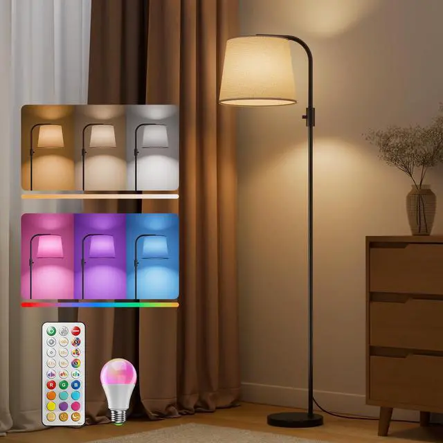 Main image of Dimmable Arc Floor Lamp, 1200 Lumens RGBCW Color Change Bulb Included, Standing Lamp with Linen Shade, 65" Tall Lamp with Remote for Living Room, Bedroom, Office, Dining Room, Kitchen, Black