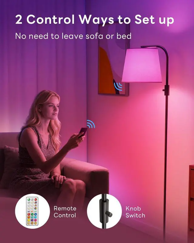 Alt view image 3 of 7 - Dimmable Arc Floor Lamp, 1200 Lumens RGBCW Color Change Bulb Included, Standing Lamp with Linen Shade, 65" Tall Lamp with Remote for Living Room, Bedroom, Office, Dining Room, Kitchen, Black