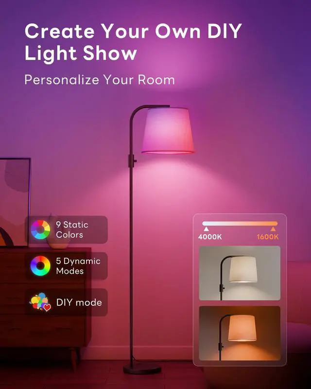 Alt view image 5 of 7 - Dimmable Arc Floor Lamp, 1200 Lumens RGBCW Color Change Bulb Included, Standing Lamp with Linen Shade, 65" Tall Lamp with Remote for Living Room, Bedroom, Office, Dining Room, Kitchen, Black