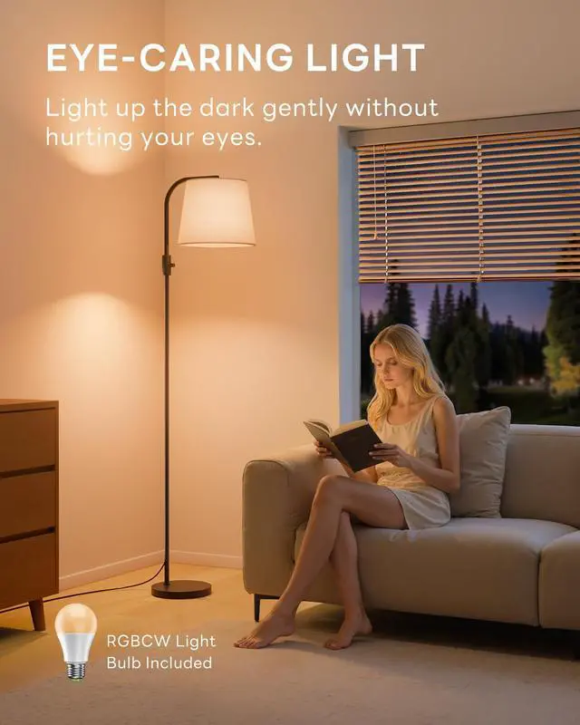 Alt view image 6 of 7 - Dimmable Arc Floor Lamp, 1200 Lumens RGBCW Color Change Bulb Included, Standing Lamp with Linen Shade, 65" Tall Lamp with Remote for Living Room, Bedroom, Office, Dining Room, Kitchen, Black