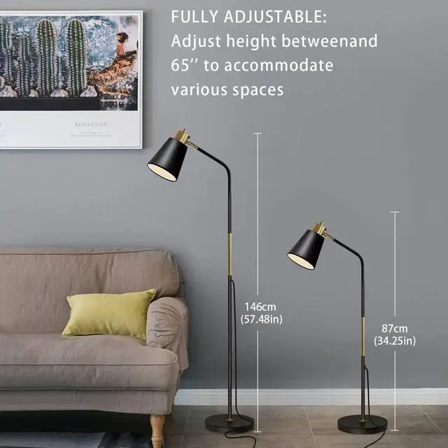 Alt view image 3 of 7 - Floor Lamp, Industrial Floor Lamps for Living Rooms Rustic Farmhouse Reading Standing Floor Lamp Adjustable Metal Heads Indoor Task Lighting for Living Room Bedroom Office Home Décor (Black)
