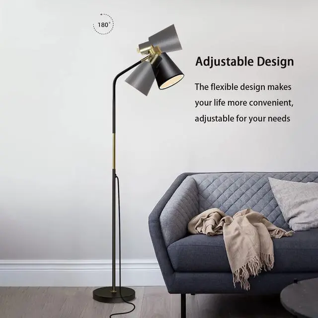 Alt view image 5 of 7 - Floor Lamp, Industrial Floor Lamps for Living Rooms Rustic Farmhouse Reading Standing Floor Lamp Adjustable Metal Heads Indoor Task Lighting for Living Room Bedroom Office Home Décor (Black)
