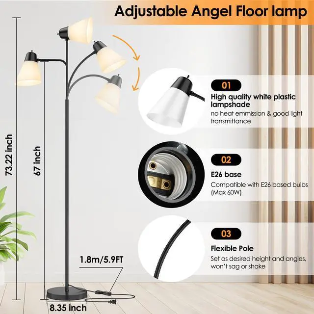 Alt view image 3 of 7 - Floor Lamp for Living Room, Adjustable Head Standing Lamp with White Plastic Shade, Black Reading Floor Lamps for Dorm, Bulb not Included