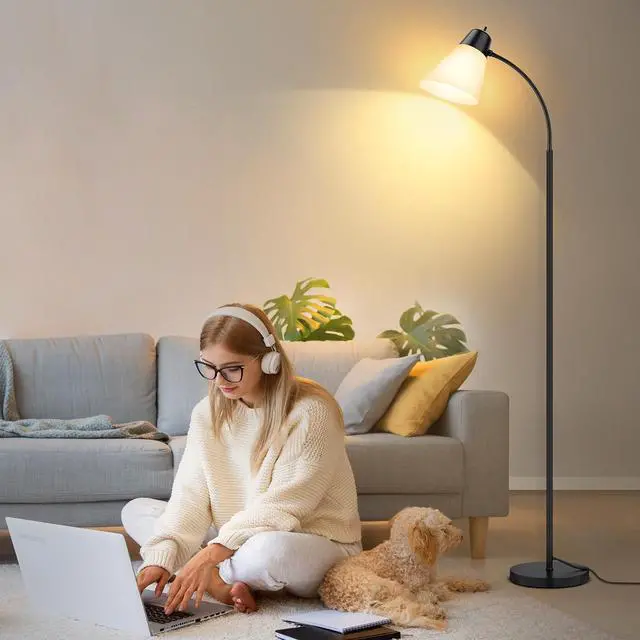 Alt view image 6 of 7 - Floor Lamp for Living Room, Adjustable Head Standing Lamp with White Plastic Shade, Black Reading Floor Lamps for Dorm, Bulb not Included