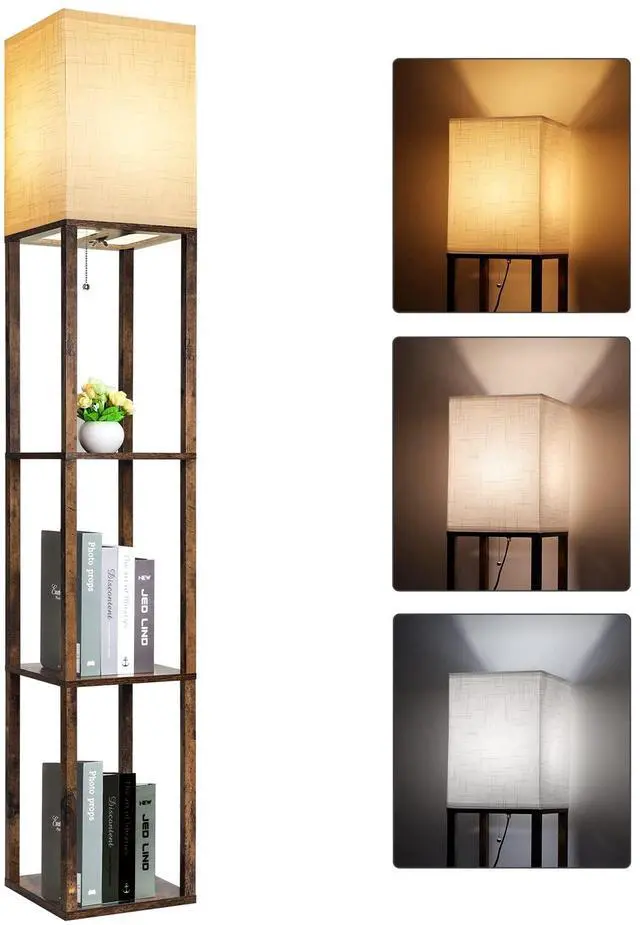 Main image of Floor Lamp with Shelves, Modern Shelf Lamp for Display Storage, 3 Color Temperature Wood Narrow Standing Corner Lamp with 8W Bulb for Living Room Decor, Bedroom, Office, Home Decor(Brown)