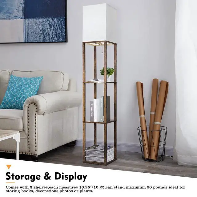 Alt view image 3 of 7 - Floor Lamp with Shelves, Modern Shelf Lamp for Display Storage, 3 Color Temperature Wood Narrow Standing Corner Lamp with 8W Bulb for Living Room Decor, Bedroom, Office, Home Decor(Brown)