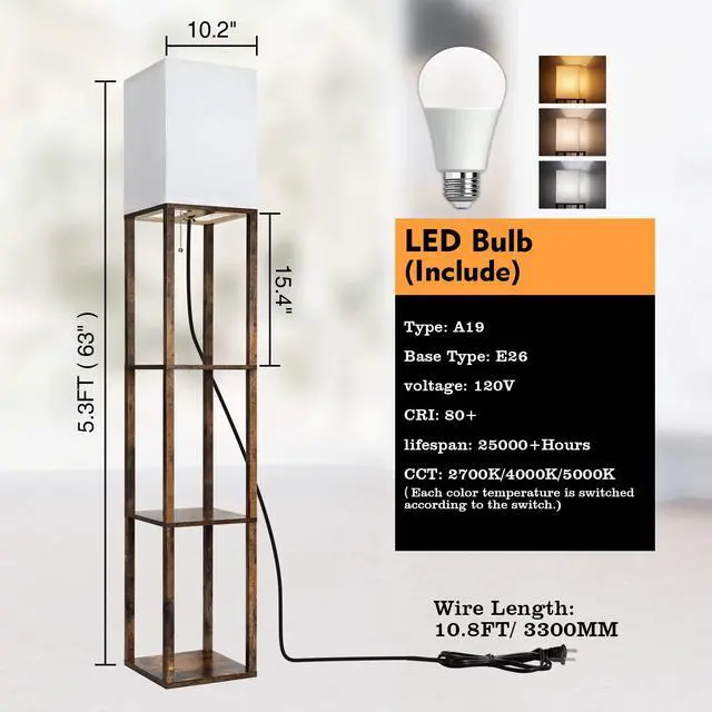 Alt view image 7 of 7 - Floor Lamp with Shelves, Modern Shelf Lamp for Display Storage, 3 Color Temperature Wood Narrow Standing Corner Lamp with 8W Bulb for Living Room Decor, Bedroom, Office, Home Decor(Brown)