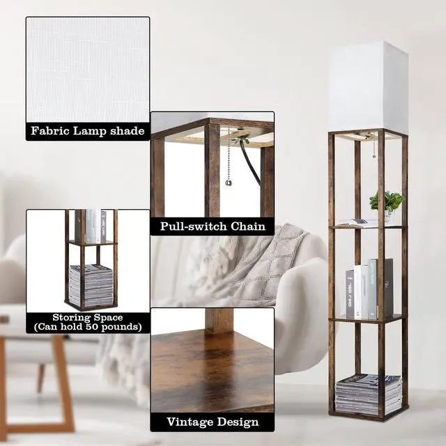 Alt view image 6 of 7 - Floor Lamp with Shelves, Modern Shelf Lamp for Display Storage, 3 Color Temperature Wood Narrow Standing Corner Lamp with 8W Bulb for Living Room Decor, Bedroom, Office, Home Decor(Brown)