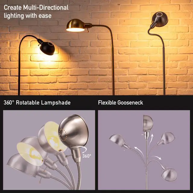 Alt view image 2 of 7 - Nova - Adjustable Floor Lamp with Flexible Gooseneck and Rotatable Shade, E26 Socket, 10-Inch Base - Ideal for Reading, Bedside, Living Room, Brushed Nickel