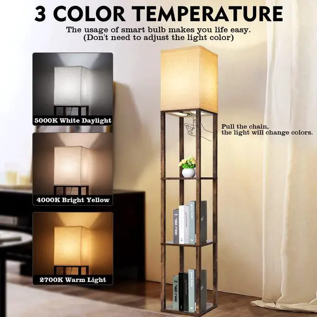 Alt view image 2 of 7 - Floor Lamp with Shelves, Modern Shelf Lamp for Display Storage, 3 Color Temperature Wood Narrow Standing Corner Lamp with 8W Bulb for Living Room Decor, Bedroom, Office, Home Decor(Brown)