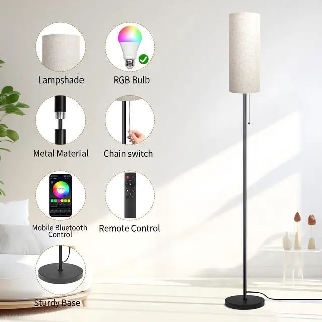 Alt view image 3 of 7 - Floor Lamp for Living Room, Modern Standing Lamps with Lampshade, Minimalist Tall Lamp with Chain Switch for Living Room, LED Bulb Included (Beige Shade-RGB Bulb)