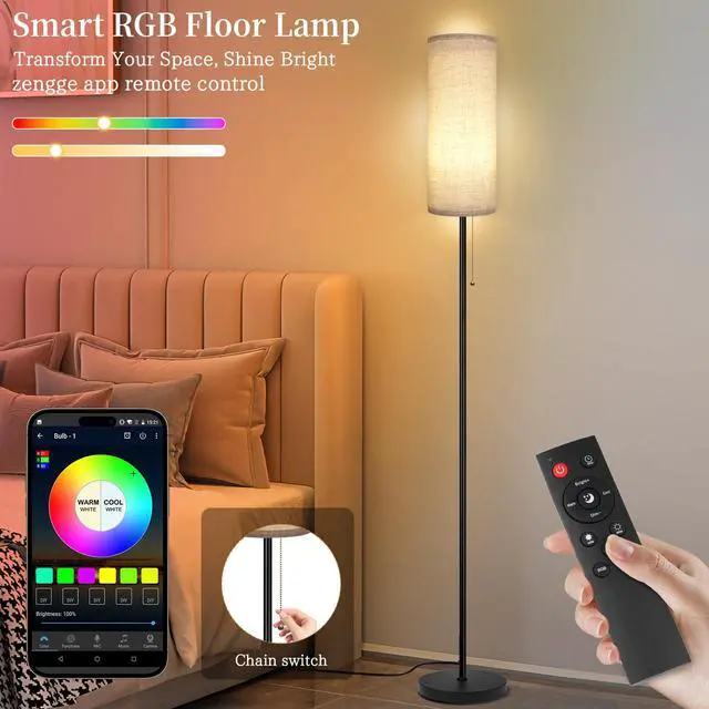 Alt view image 5 of 7 - Floor Lamp for Living Room, Modern Standing Lamps with Lampshade, Minimalist Tall Lamp with Chain Switch for Living Room, LED Bulb Included (Beige Shade-RGB Bulb)