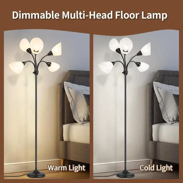 Alt view image 2 of 7 - Medusa Floor Lamps Standing Lamps 5 Heads Adjustable Reading Light Large Shade Use E26 A19 Bulb Floor Lamps for Living Room Bedroom (Black)