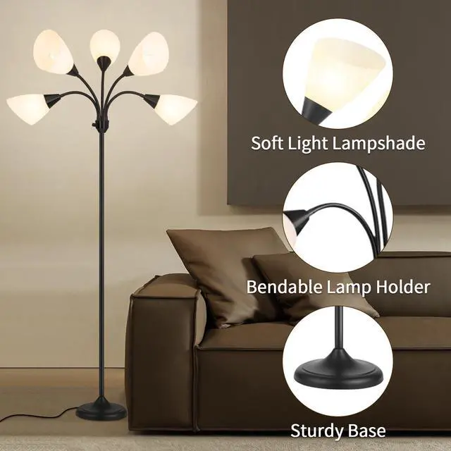 Alt view image 3 of 7 - Medusa Floor Lamps Standing Lamps 5 Heads Adjustable Reading Light Large Shade Use E26 A19 Bulb Floor Lamps for Living Room Bedroom (Black)