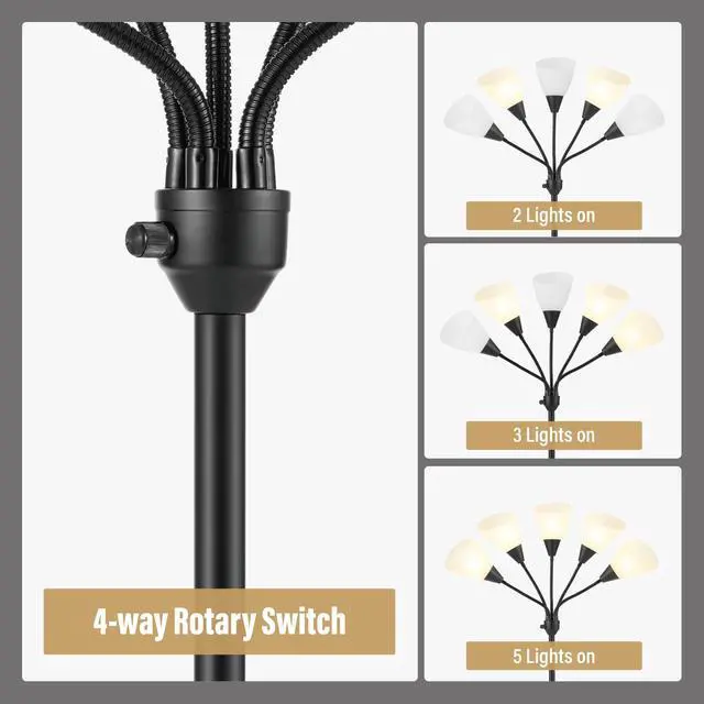 Alt view image 4 of 7 - Medusa Floor Lamps Standing Lamps 5 Heads Adjustable Reading Light Large Shade Use E26 A19 Bulb Floor Lamps for Living Room Bedroom (Black)