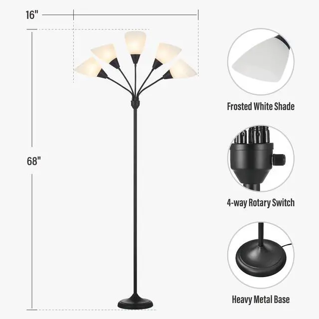 Alt view image 6 of 7 - Medusa Floor Lamps Standing Lamps 5 Heads Adjustable Reading Light Large Shade Use E26 A19 Bulb Floor Lamps for Living Room Bedroom (Black)