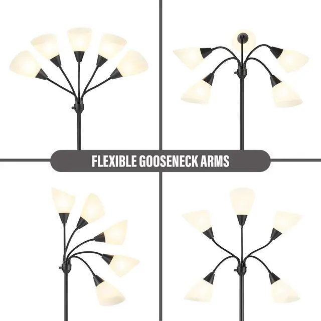 Alt view image 5 of 7 - Medusa Floor Lamps Standing Lamps 5 Heads Adjustable Reading Light Large Shade Use E26 A19 Bulb Floor Lamps for Living Room Bedroom (Black)