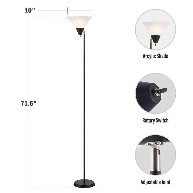Alt view image 5 of 6 - Floor Lamp Standing Lamp Adjustable Head Arcylic Shade Floor Lamps for Living Room/Office/Bedroom (Black)