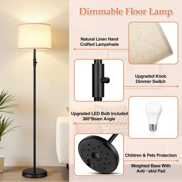 Alt view image 4 of 7 - Upgraded Dimmable Floor Lamp for Living Room,1000 Lumens Bulb Included, Modern Floor Lamps Simple Design with Linen Shade, Tall Standing Lamp for Bedroom Office Dining Room, Black Pole Lamp