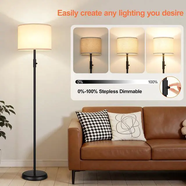 Alt view image 3 of 7 - Upgraded Dimmable Floor Lamp for Living Room,1000 Lumens Bulb Included, Modern Floor Lamps Simple Design with Linen Shade, Tall Standing Lamp for Bedroom Office Dining Room, Black Pole Lamp
