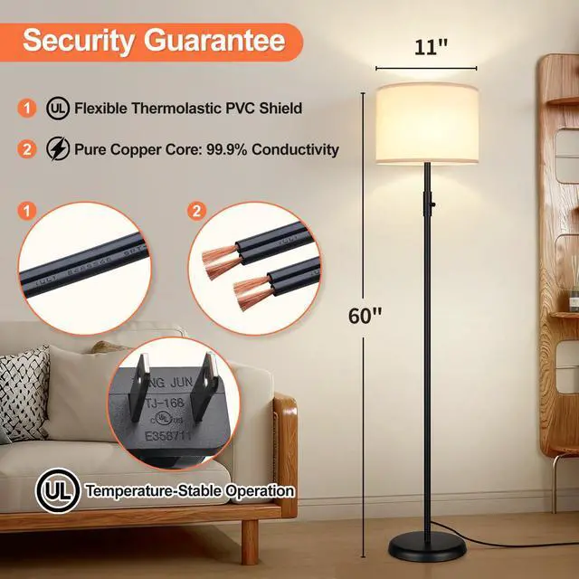 Alt view image 6 of 7 - Upgraded Dimmable Floor Lamp for Living Room,1000 Lumens Bulb Included, Modern Floor Lamps Simple Design with Linen Shade, Tall Standing Lamp for Bedroom Office Dining Room, Black Pole Lamp