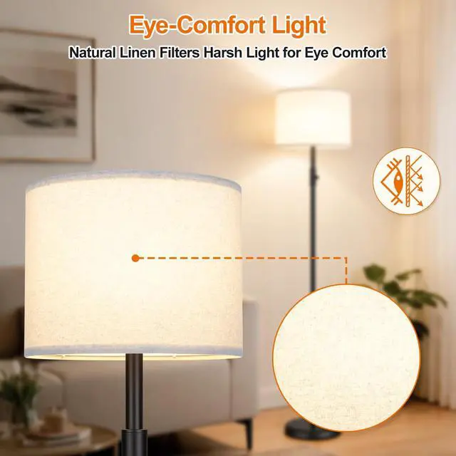 Alt view image 5 of 7 - Upgraded Dimmable Floor Lamp for Living Room,1000 Lumens Bulb Included, Modern Floor Lamps Simple Design with Linen Shade, Tall Standing Lamp for Bedroom Office Dining Room, Black Pole Lamp
