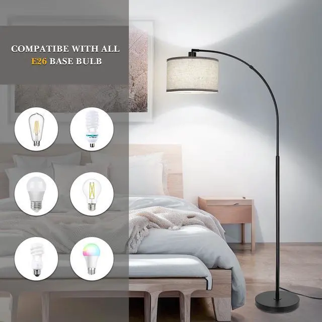 Alt view image 4 of 6 - Black Arc Floor Lamps for Living Room,Modern Standing Lamp with Adjustable Drum Lampshade Tall Pole Lamp with Foot Switch Over Couch Arched Floor Light for Reading Bedroom 8W LED Bulb Included