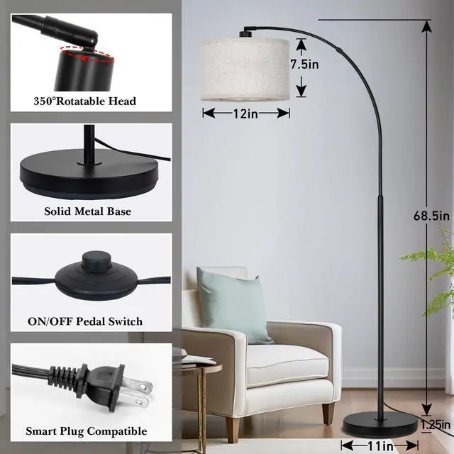 Alt view image 3 of 6 - Black Arc Floor Lamps for Living Room,Modern Standing Lamp with Adjustable Drum Lampshade Tall Pole Lamp with Foot Switch Over Couch Arched Floor Light for Reading Bedroom 8W LED Bulb Included