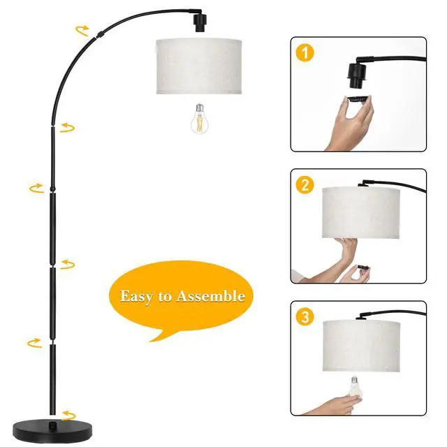 Alt view image 5 of 6 - Black Arc Floor Lamps for Living Room,Modern Standing Lamp with Adjustable Drum Lampshade Tall Pole Lamp with Foot Switch Over Couch Arched Floor Light for Reading Bedroom 8W LED Bulb Included