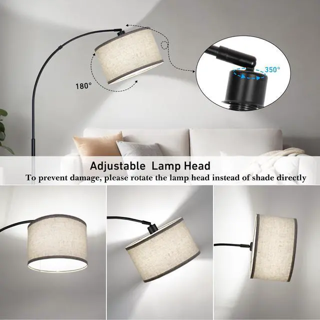 Alt view image 2 of 6 - Black Arc Floor Lamps for Living Room,Modern Standing Lamp with Adjustable Drum Lampshade Tall Pole Lamp with Foot Switch Over Couch Arched Floor Light for Reading Bedroom 8W LED Bulb Included